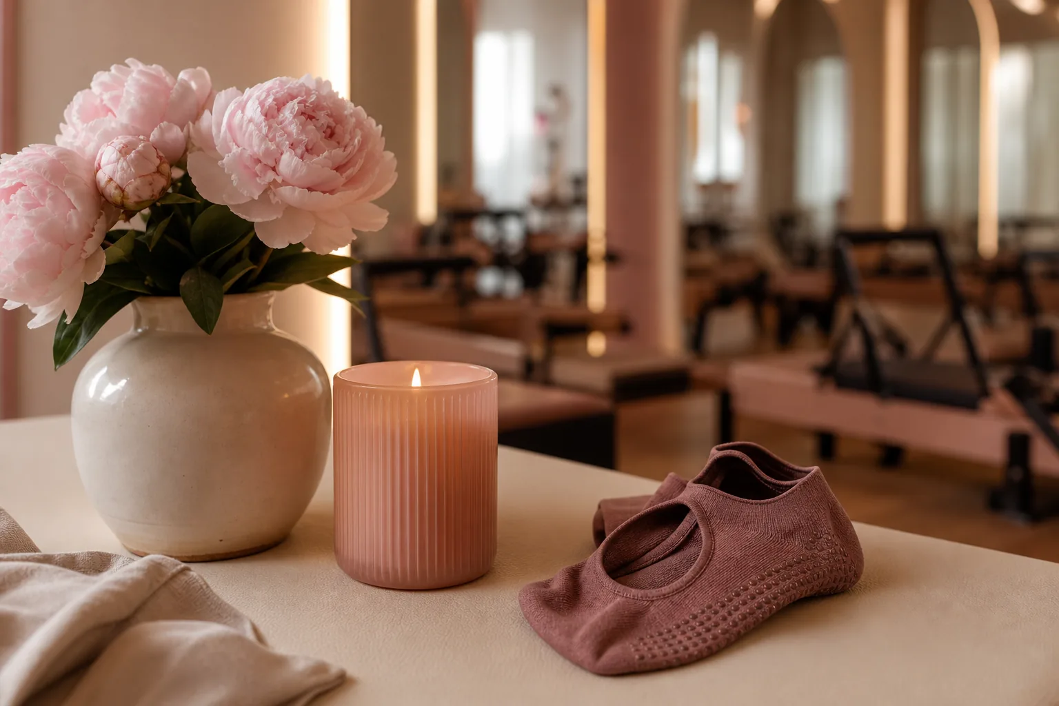 Warm studio details with flowers and wellness objects